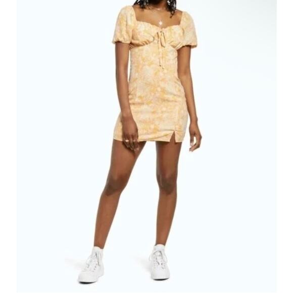 BP Small Crosshatch Yellow Orange Meadow Floral Milkmaid Short Sleeve Dress - Picture 1 of 10